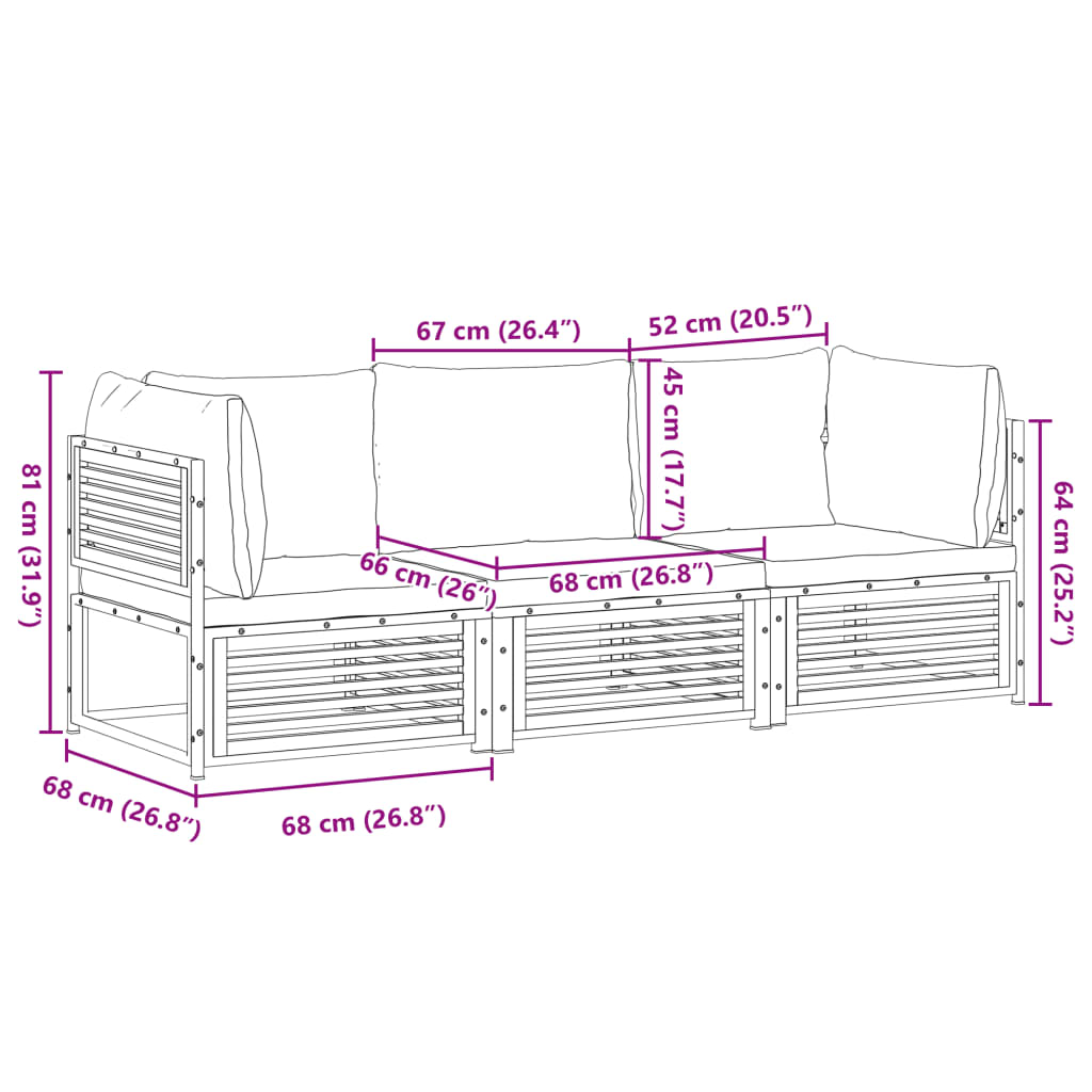 3 pcs conjunto de sofás de jardim com almofadões acácia maciça