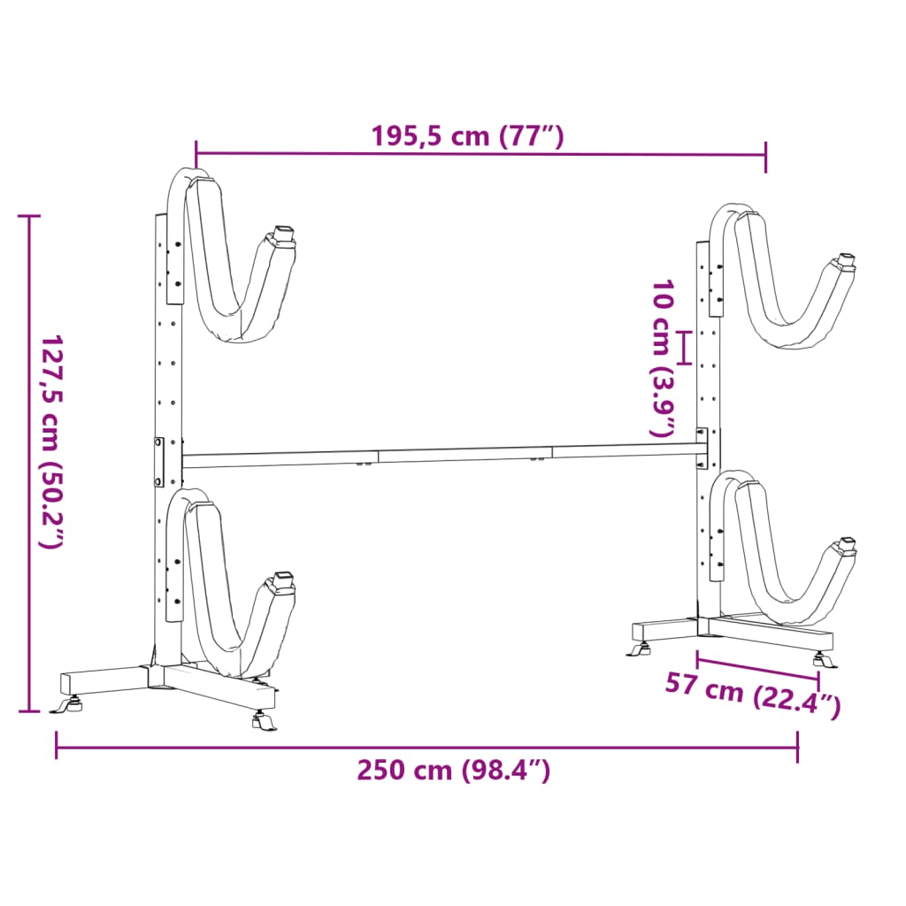 Prateleira de arrumação para 2 caiaques 250x57x127,5 cm aço