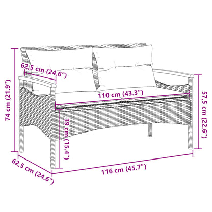 Banco de jardim c/ almofadões 116x62,5x74 cm vime PE cinzento