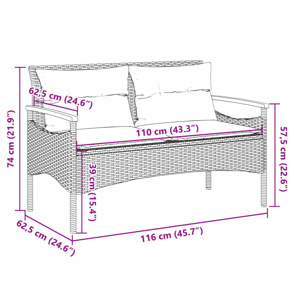 Banco de jardim c/ almofadões 116x62,5x74 cm vime PE bege