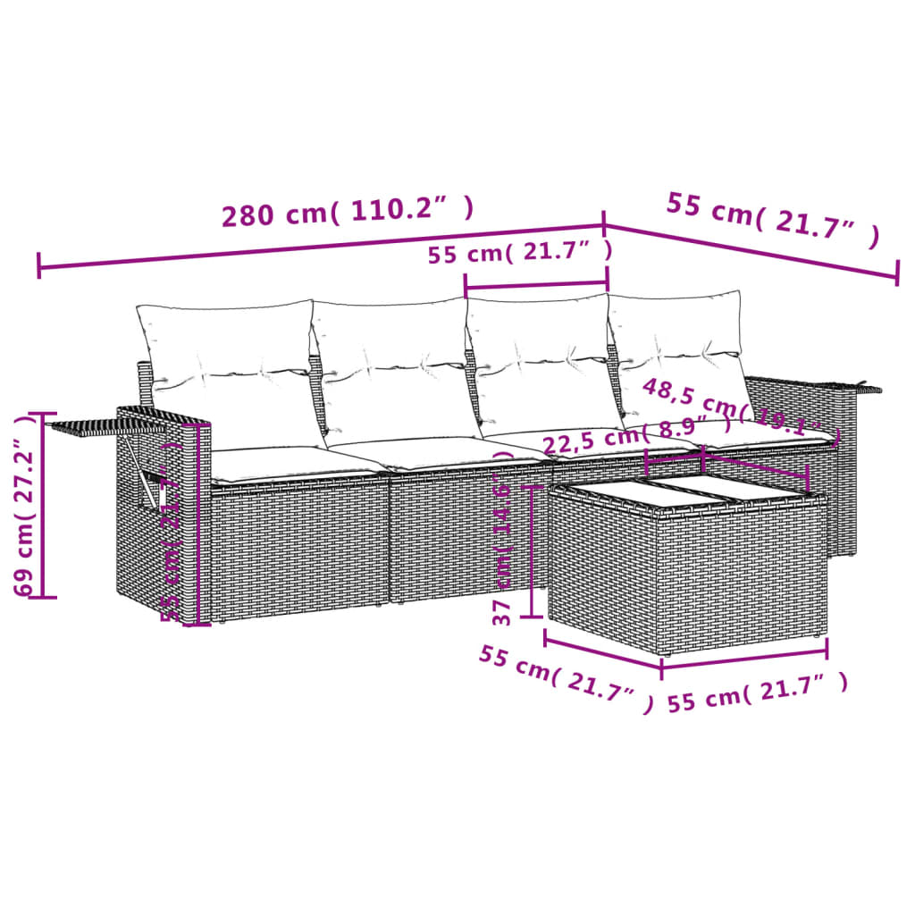 5 pcs conjunto sofás de jardim com almofadões vime PE preto