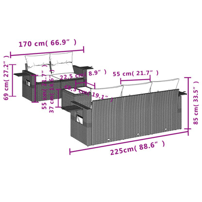 6 pcs conjunto sofás de jardim c/ almofadões vime PE preto