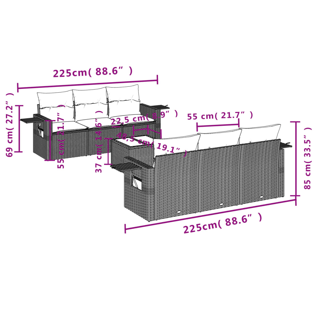 7 pcs conj. sofás jardim com almofadões vime PE cinzento-claro