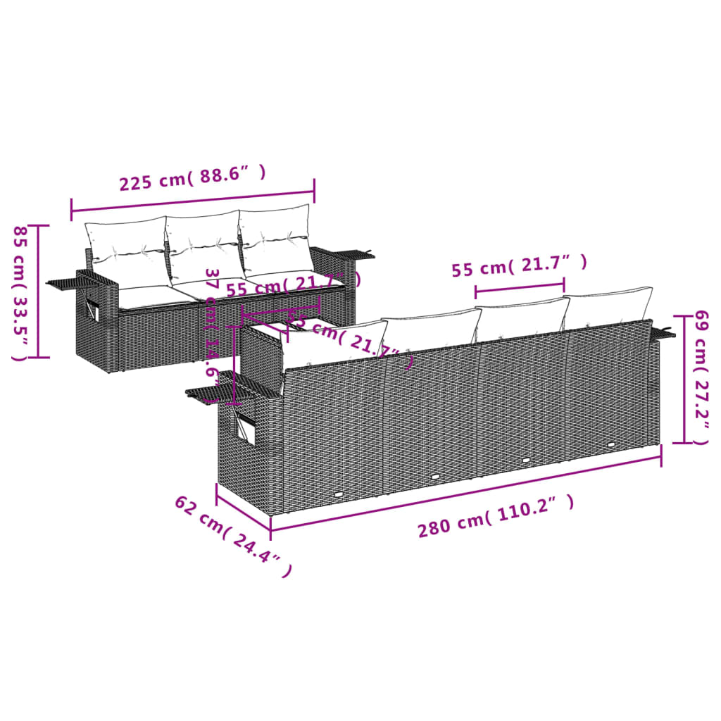 8 pcs conj. sofás jardim c/ almofadões vime PE cinzento-claro