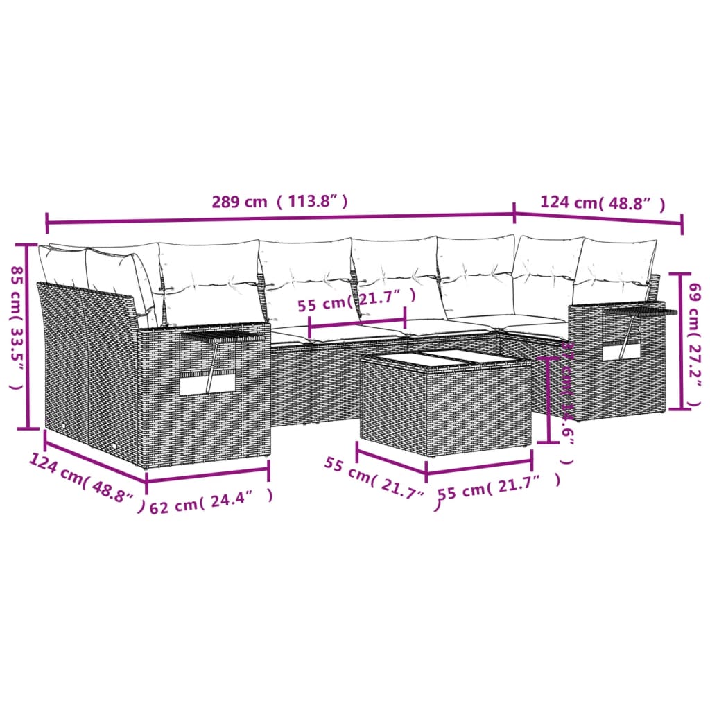 8 pcs conjunto de sofás p/ jardim com almofadões vime PE bege