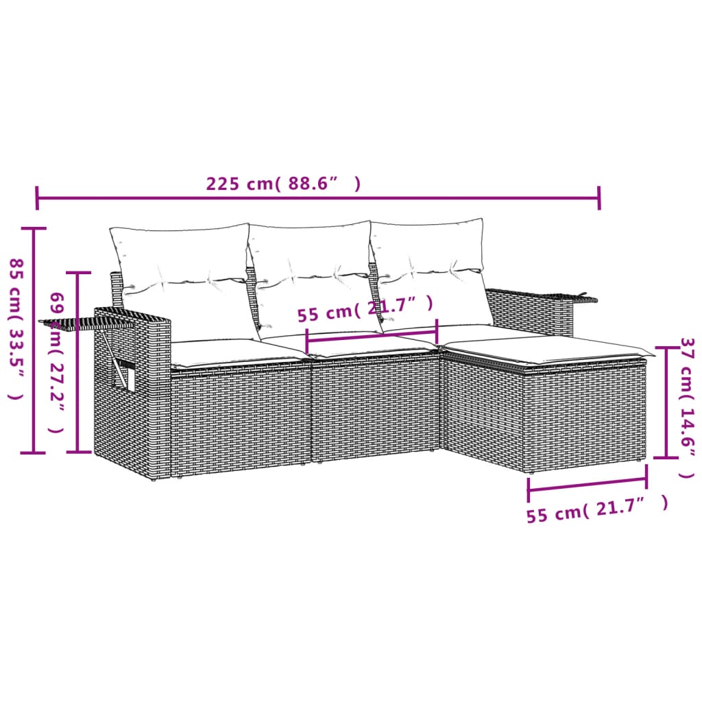 4 pcs conjunto de sofás para jardim c/ almofadões vime PE preto