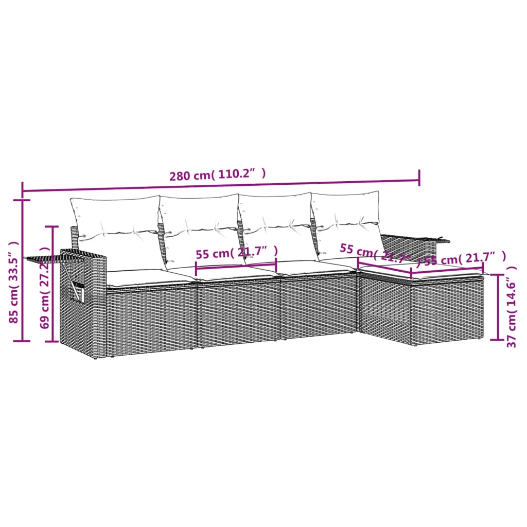 5 pcs conjunto de sofás p/ jardim com almofadões vime PE bege