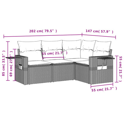 4 pcs conjunto de sofás para jardim c/ almofadões vime PE bege