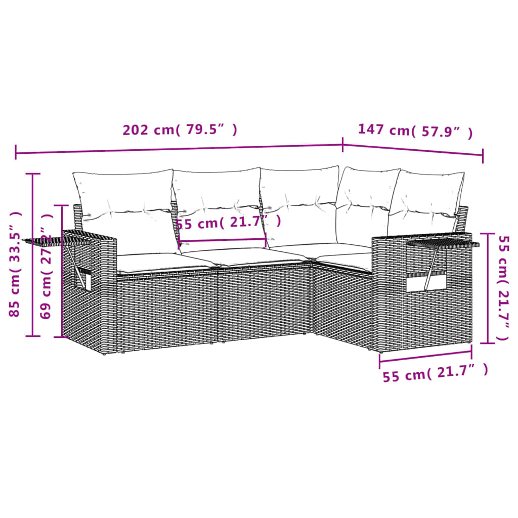 4 pcs conjunto sofás de jardim c/ almofadões vime PE cinzento