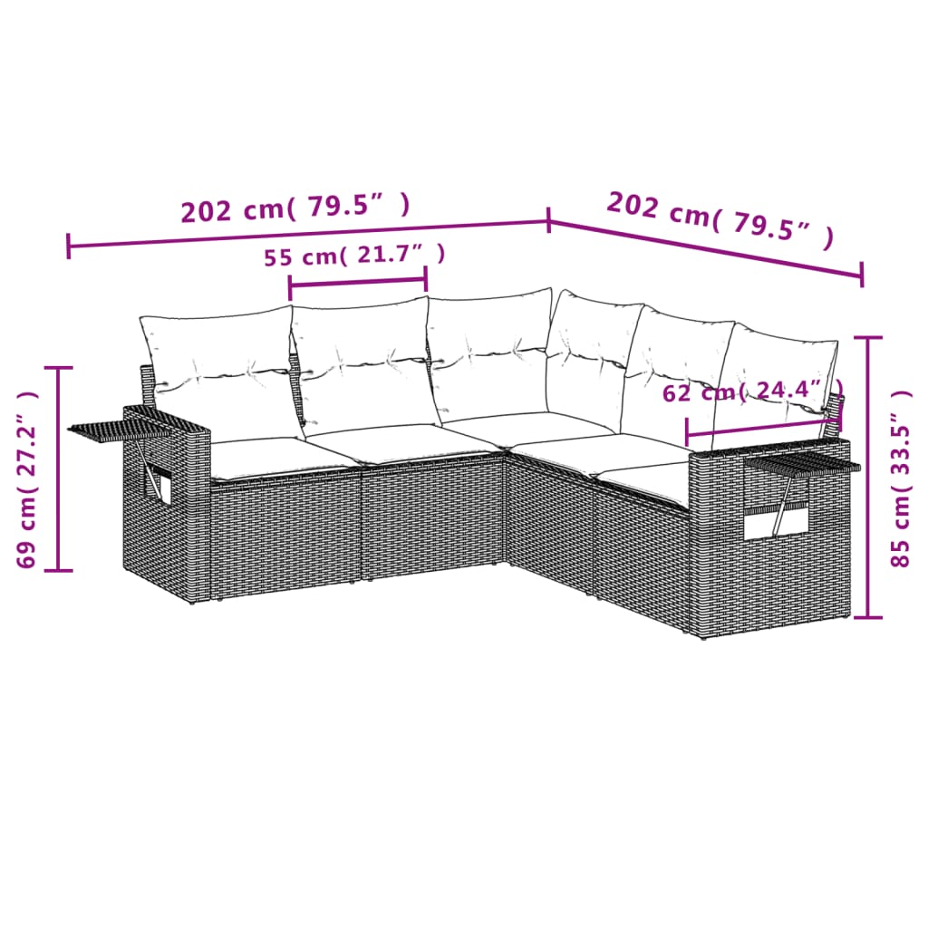 5 pcs conjunto sofás p/ jardim c/ almofadões vime PE castanho