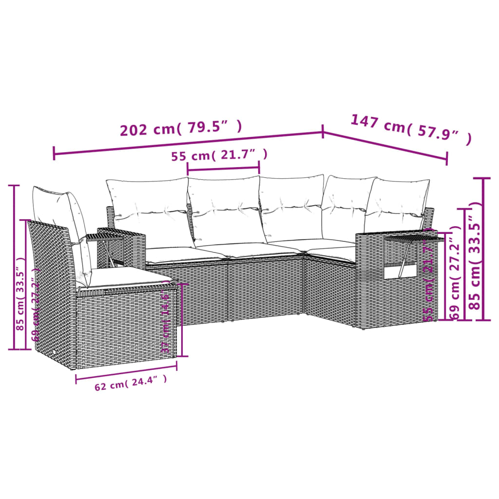 5 pcs conjunto de sofás p/ jardim com almofadões vime PE bege