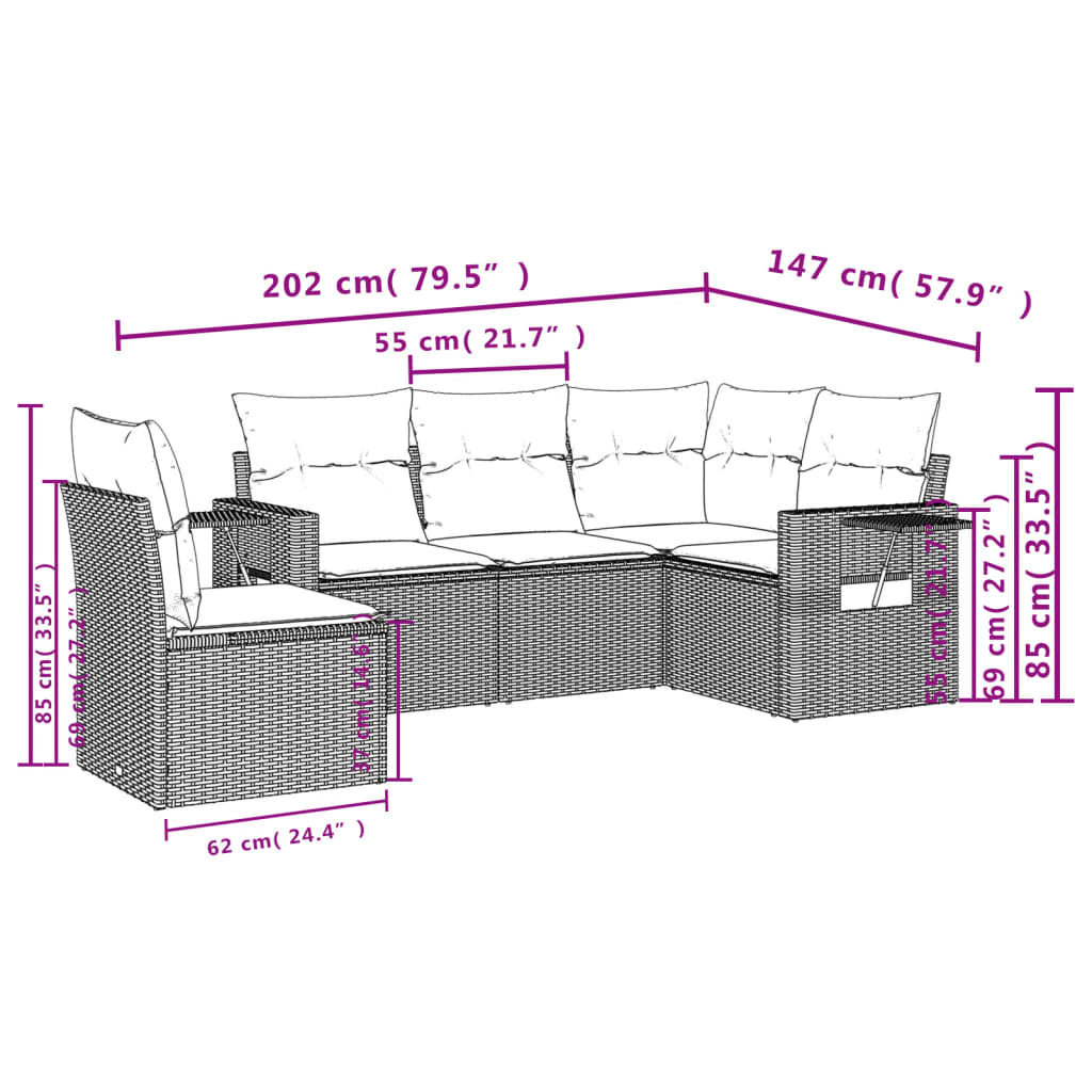 5 pcs conjunto sofás de jardim c/ almofadões vime PE cinzento