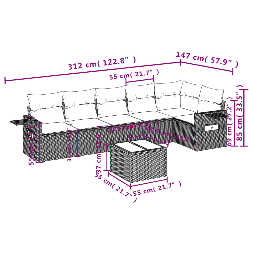 7 pcs conjunto de sofás p/ jardim c/ almofadões vime PE preto