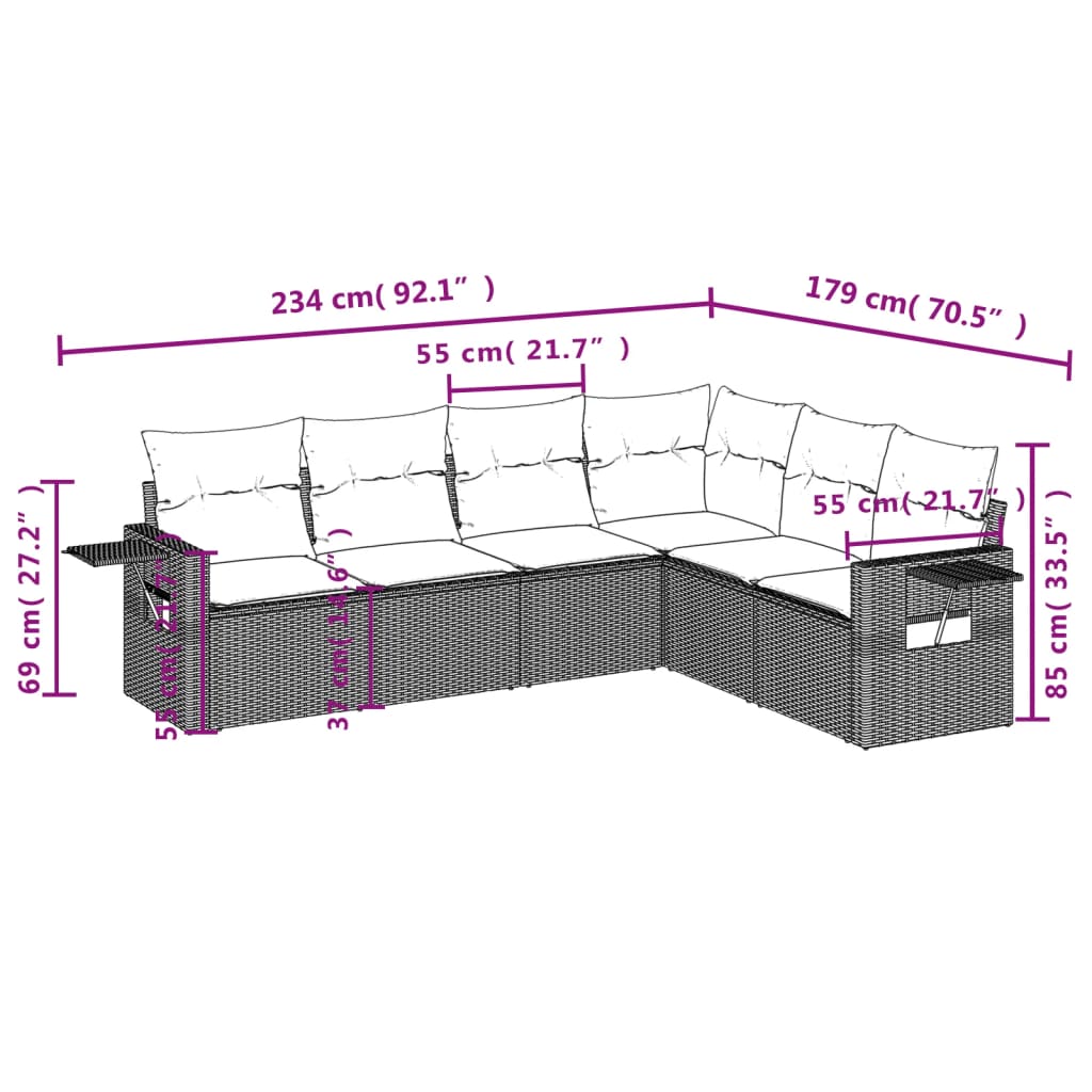 6 pcs conjunto sofás de jardim c/ almofadões vime PE preto