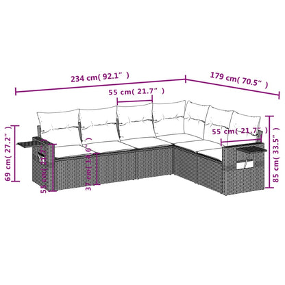 6 pcs conjunto sofás de jardim c/ almofadões vime PE preto