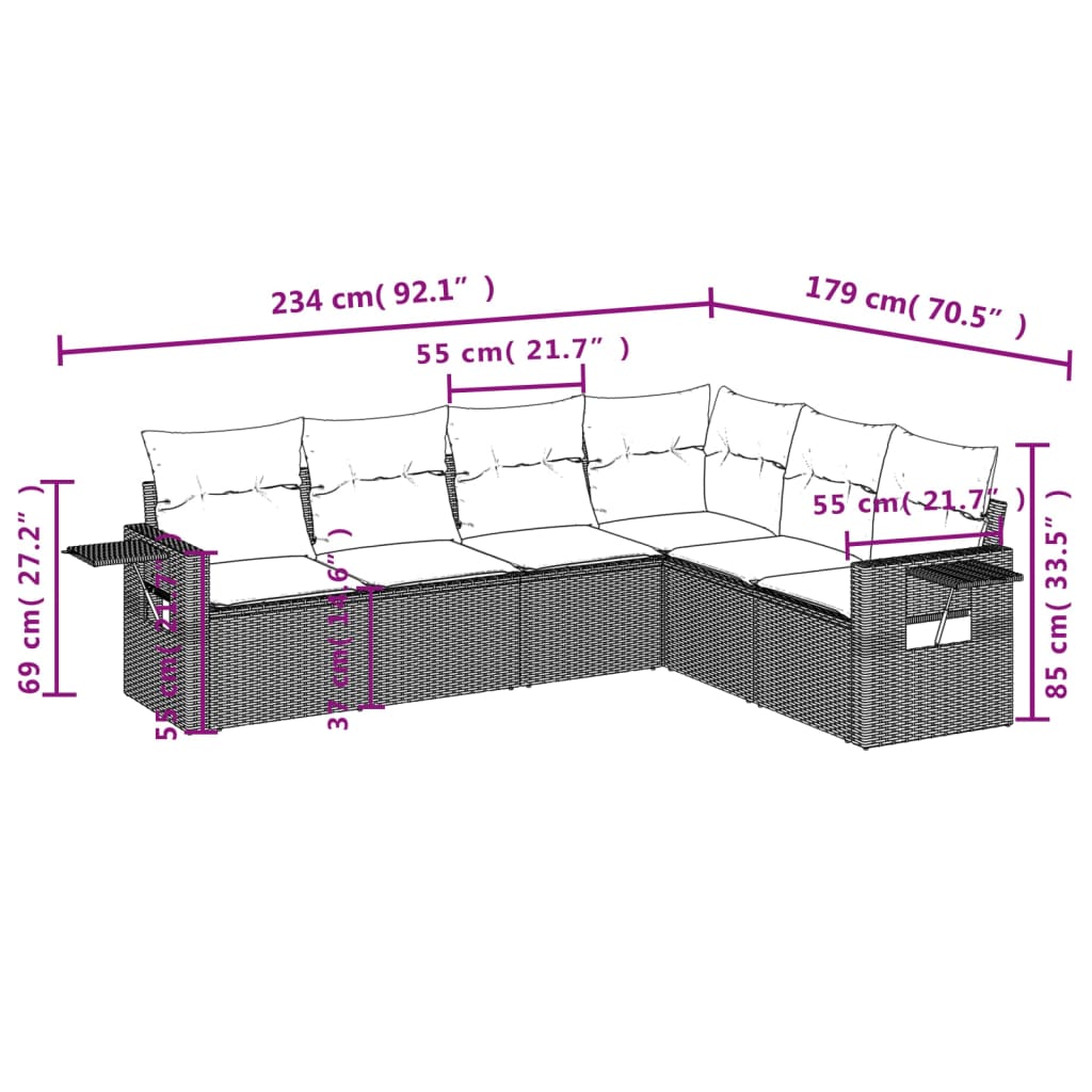 7 pcs conjunto de sofás p/ jardim c/ almofadões vime PE preto