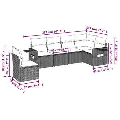 6 pcs conjunto sofás de jardim c/ almofadões vime PE preto