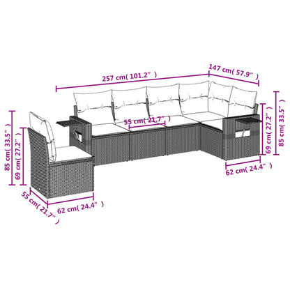 6 pcs conjunto sofás de jardim com almofadões vime cinzento