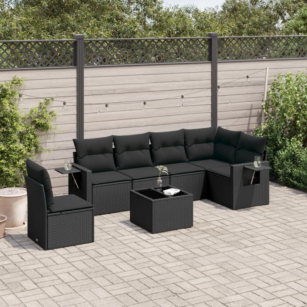 7 pcs conjunto de sofás p/ jardim c/ almofadões vime PE preto