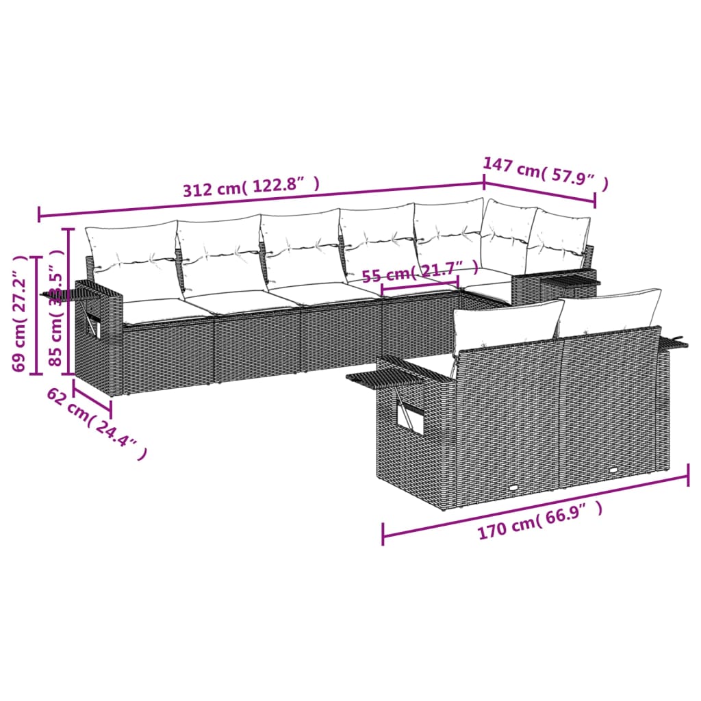 8 pcs conjunto sofás de jardim c/ almofadões vime PE cinzento