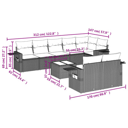 9 pcs conjunto de sofás p/ jardim c/ almofadões vime PE preto