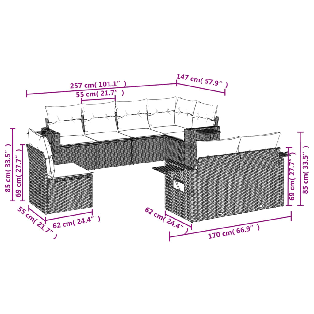 8 pcs conjunto sofás de jardim com almofadões vime PE preto