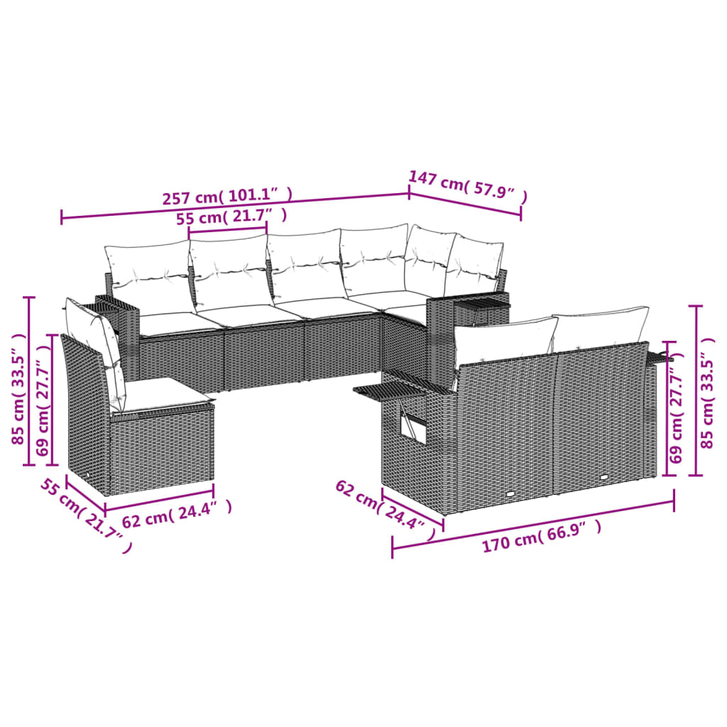 8 pcs conjunto sofás de jardim c/ almofadões vime PE castanho