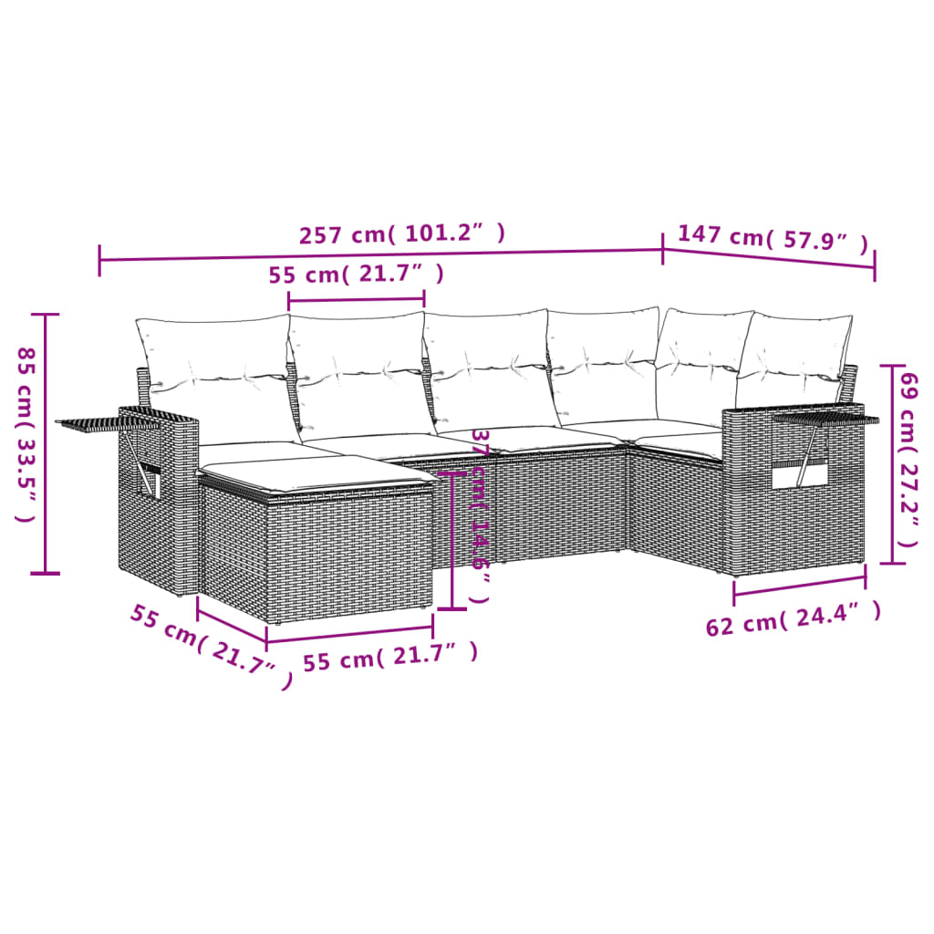 6 pcs conjunto de sofás p/ jardim com almofadões vime PE bege