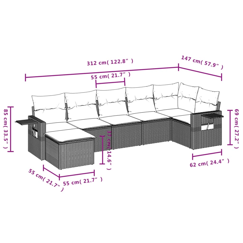 7 pcs conjunto de sofás p/ jardim c/ almofadões vime PE preto