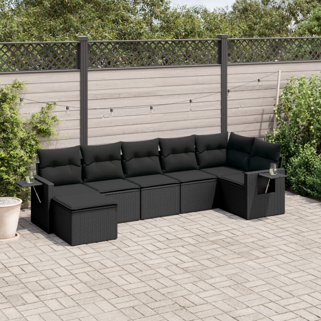 7 pcs conjunto de sofás p/ jardim c/ almofadões vime PE preto