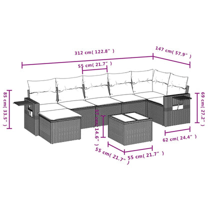 8 pcs conj. sofás jardim c/ almofadões vime PE cinzento-claro