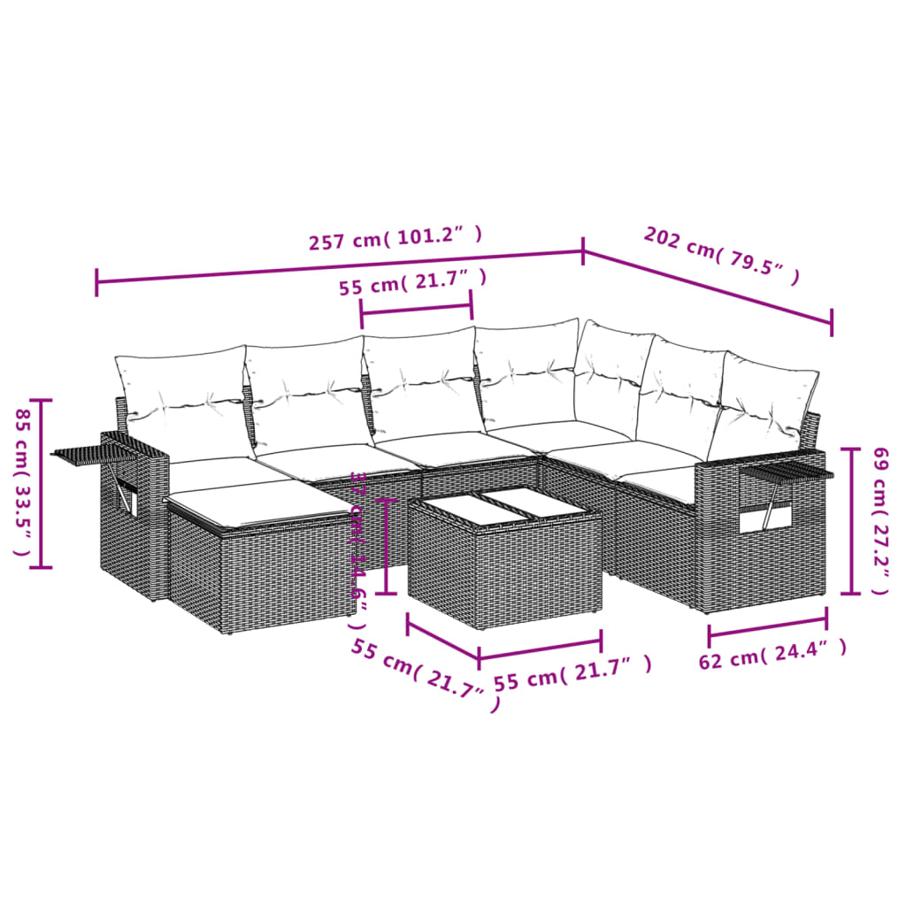 8 pcs conjunto sofás de jardim com almofadões vime PE preto