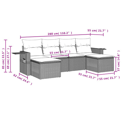 6 pcs conjunto sofás de jardim c/ almofadões vime PE preto