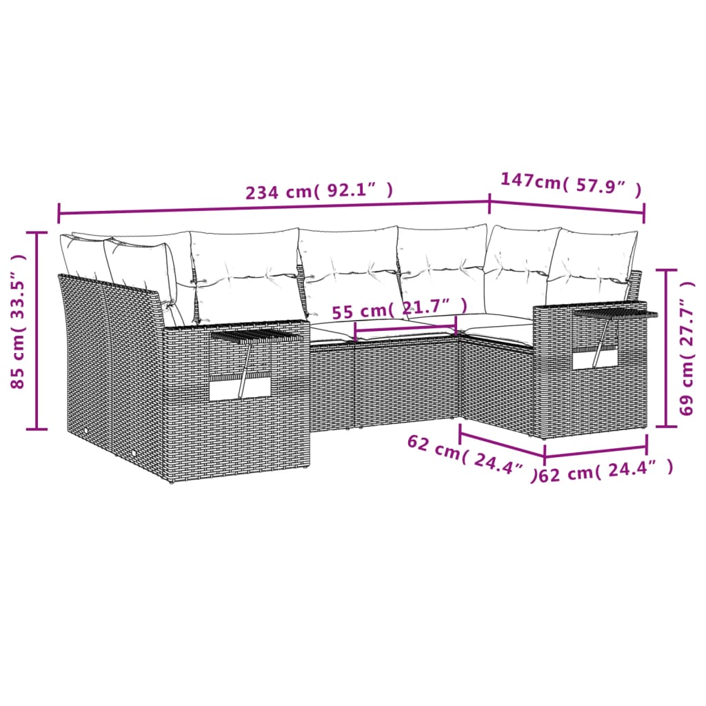 6 pcs conjunto sofás de jardim com almofadões vime cinzento