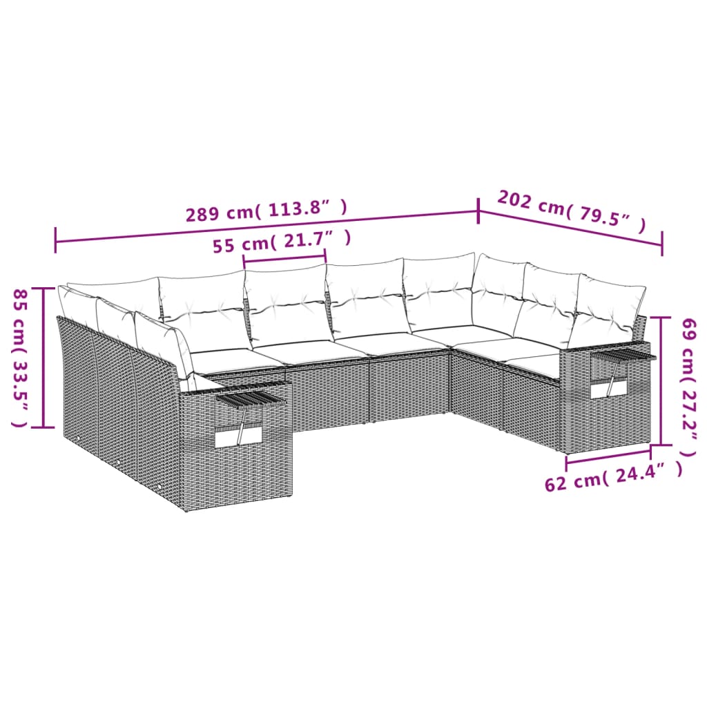 9 pcs conjunto de sofás p/ jardim com almofadões vime PE bege