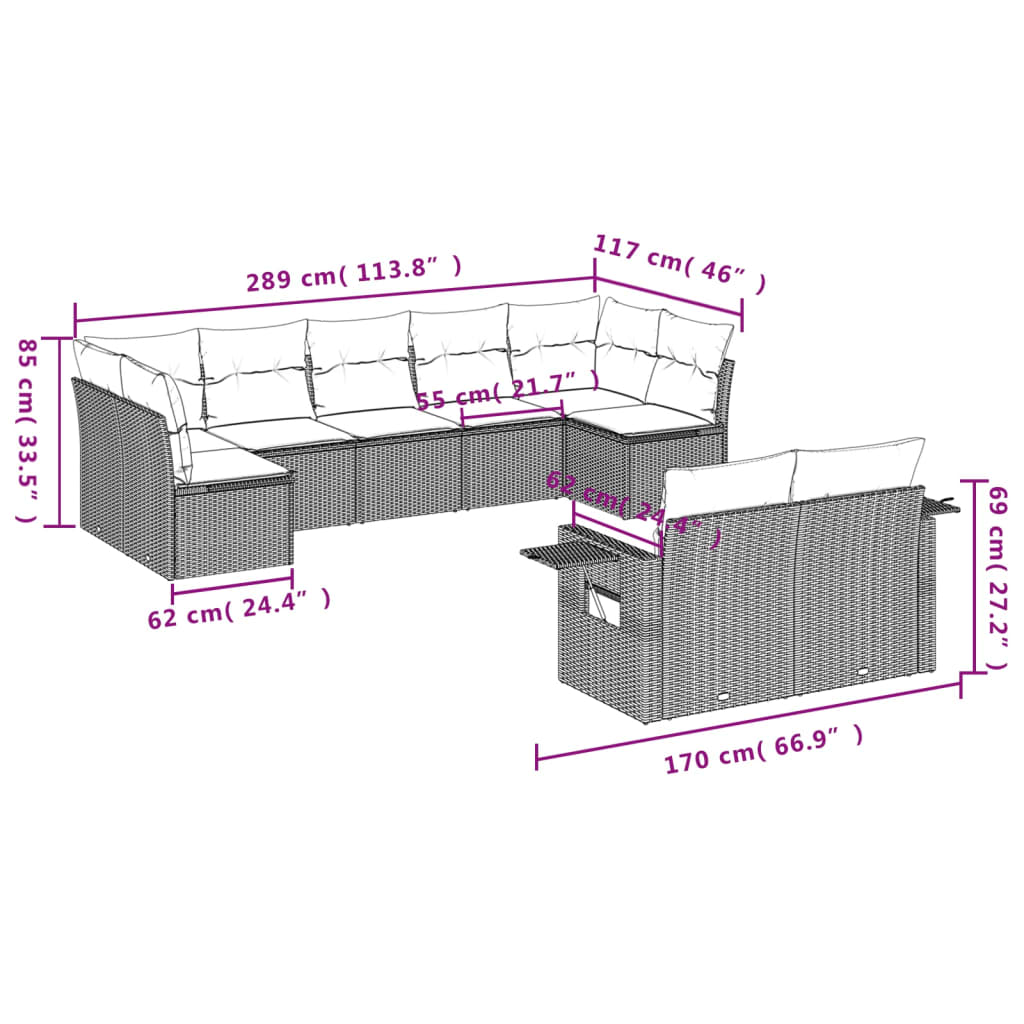 9 pcs conjunto sofás p/ jardim com almofadões vime PE cinzento