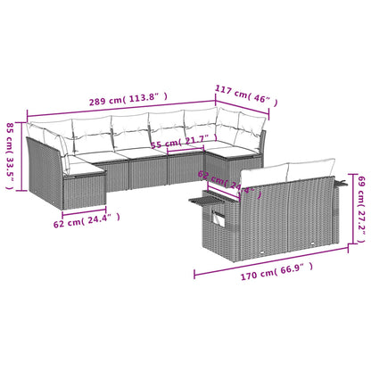 9 pcs conjunto sofás p/ jardim com almofadões vime PE cinzento