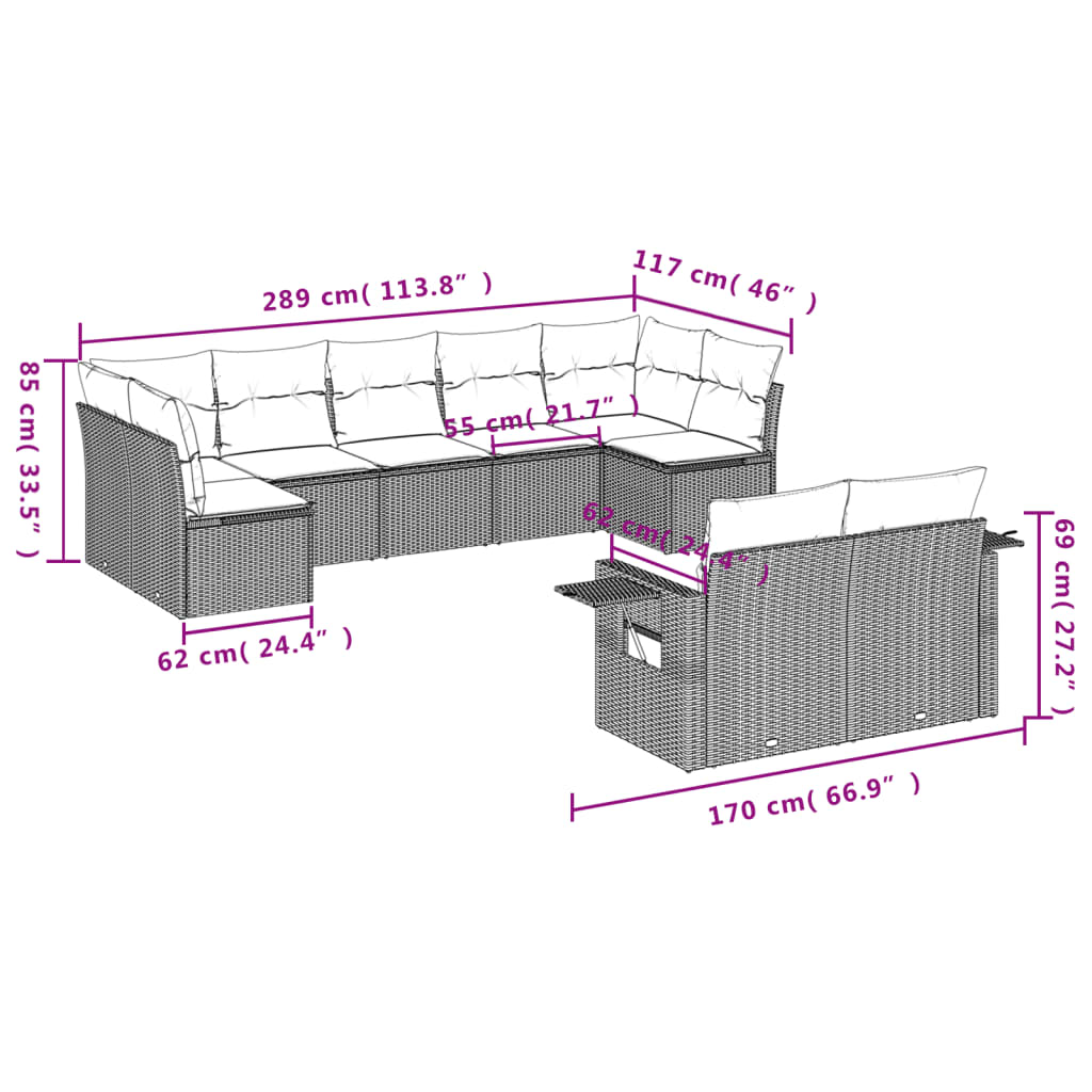 9 pcs conjunto sofás p/ jardim c/ almofadões vime PE castanho