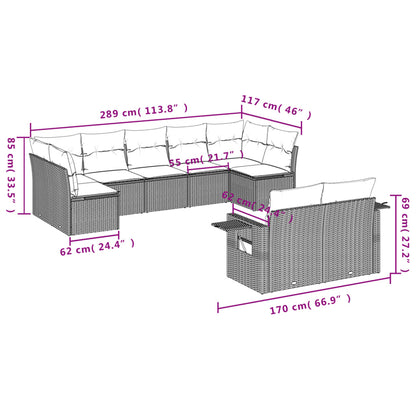 9 pcs conjunto sofás p/ jardim c/ almofadões vime PE castanho