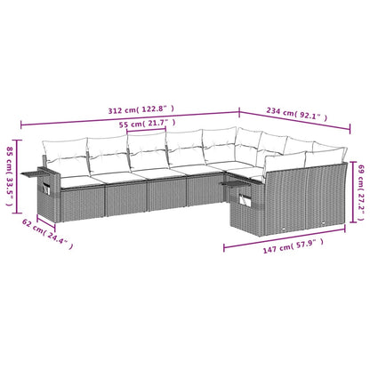 9 pcs conjunto de sofás p/ jardim com almofadões vime PE bege