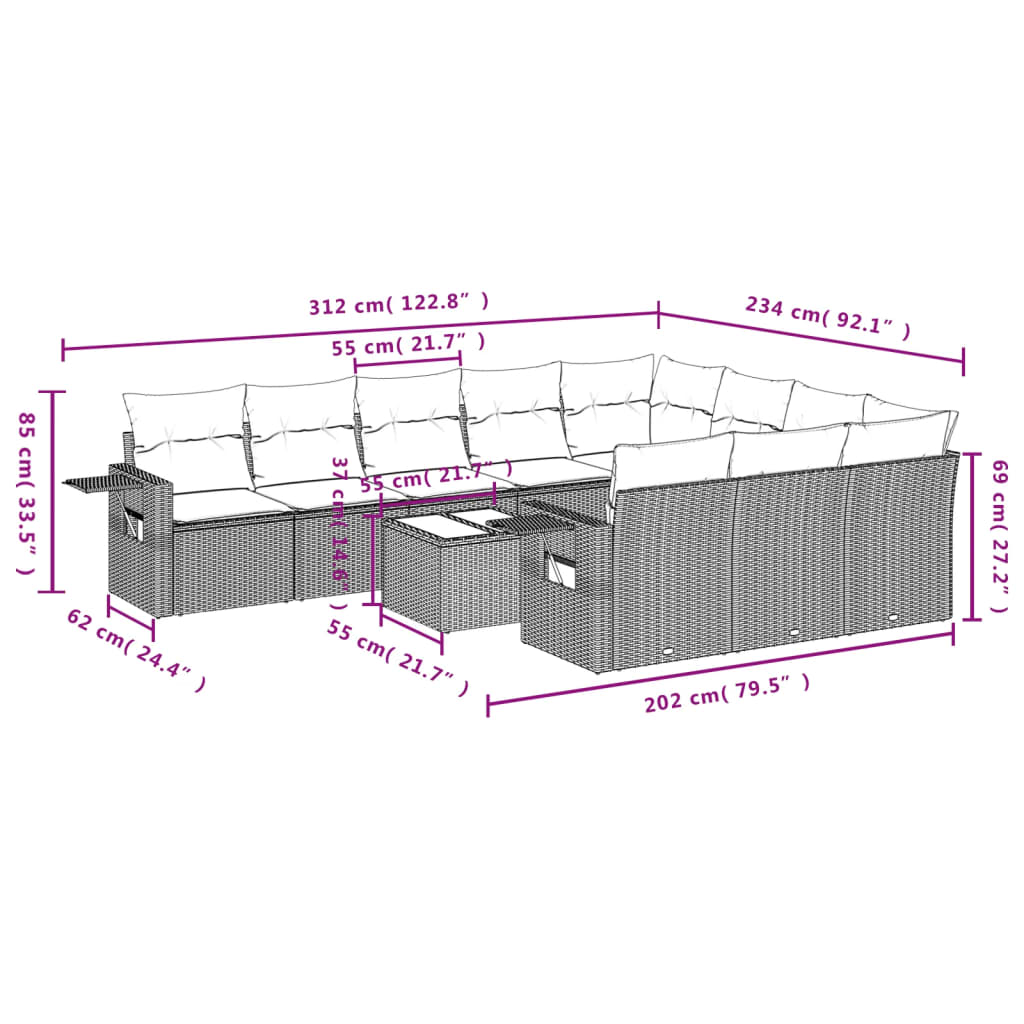 11 pcs conjunto sofás de jardim c/ almofadões vime PE preto