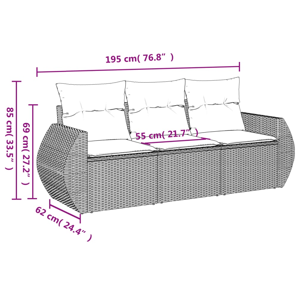 3 pcs conjunto sofás de jardim com almofadões vime PE preto