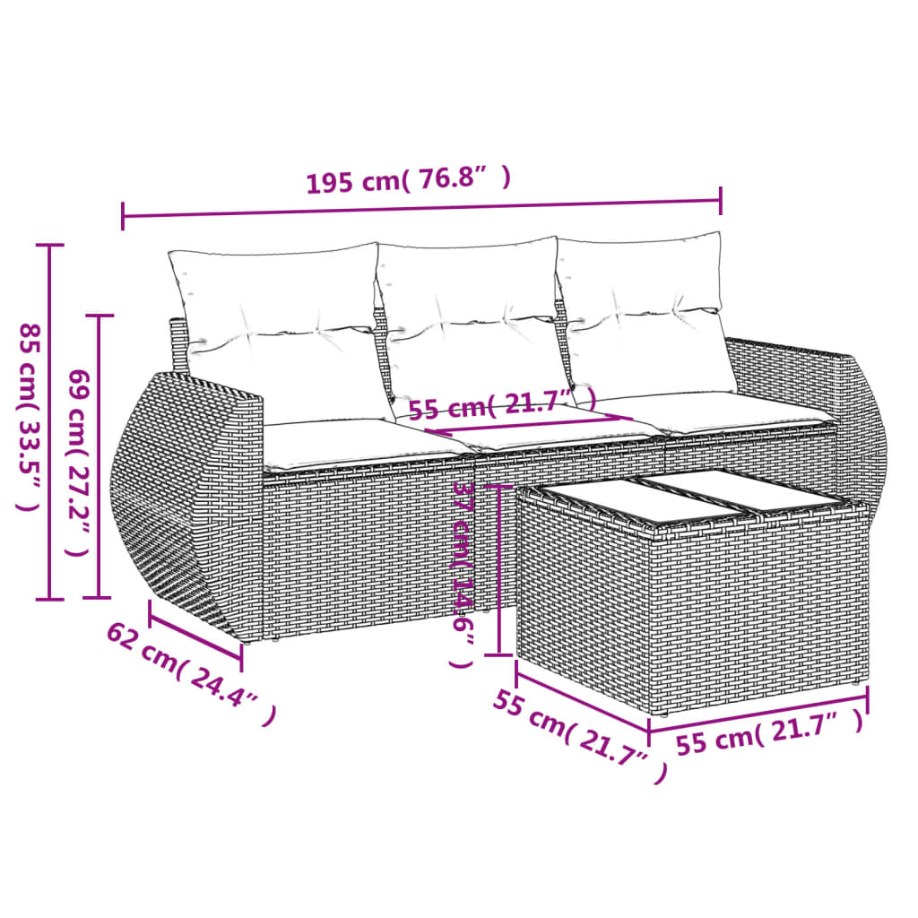 4 pcs conjunto de sofás para jardim c/ almofadões vime PE bege