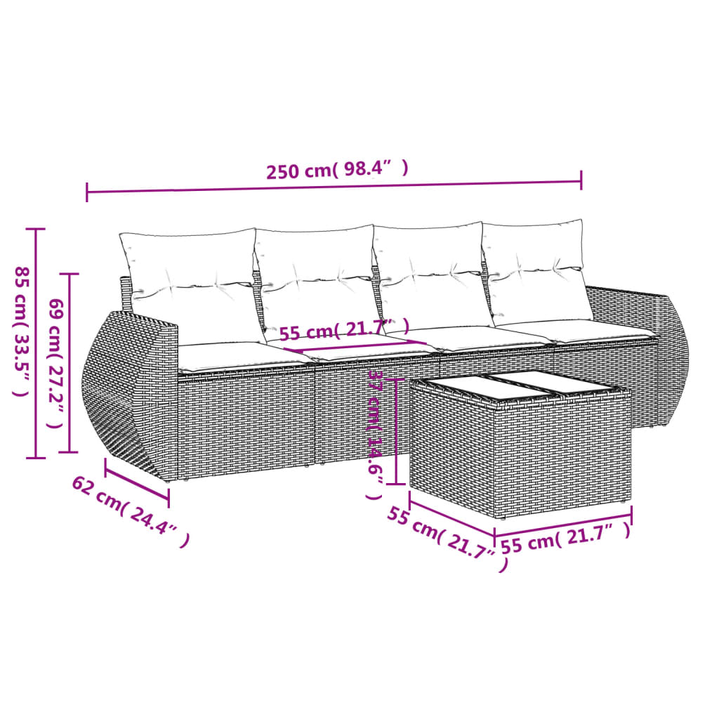 5 pcs conjunto sofás de jardim com almofadões vime PE preto