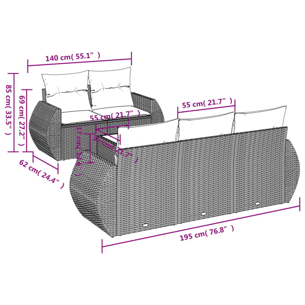 6 pcs conjunto de sofás p/ jardim com almofadões vime PE bege