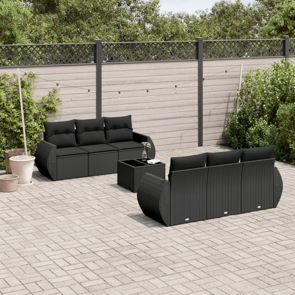 7 pcs conjunto de sofás p/ jardim c/ almofadões vime PE preto