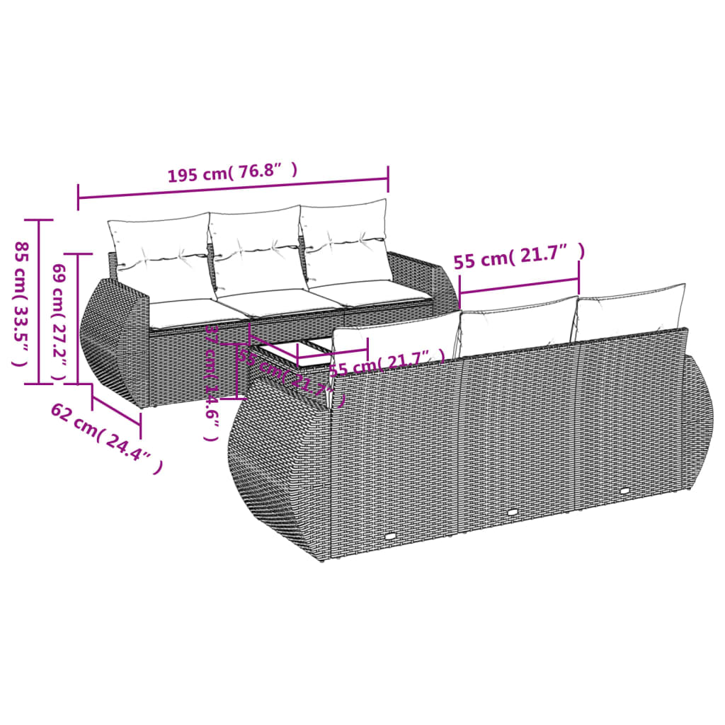 7 pcs conjunto de sofás p/ jardim com almofadões vime PE bege