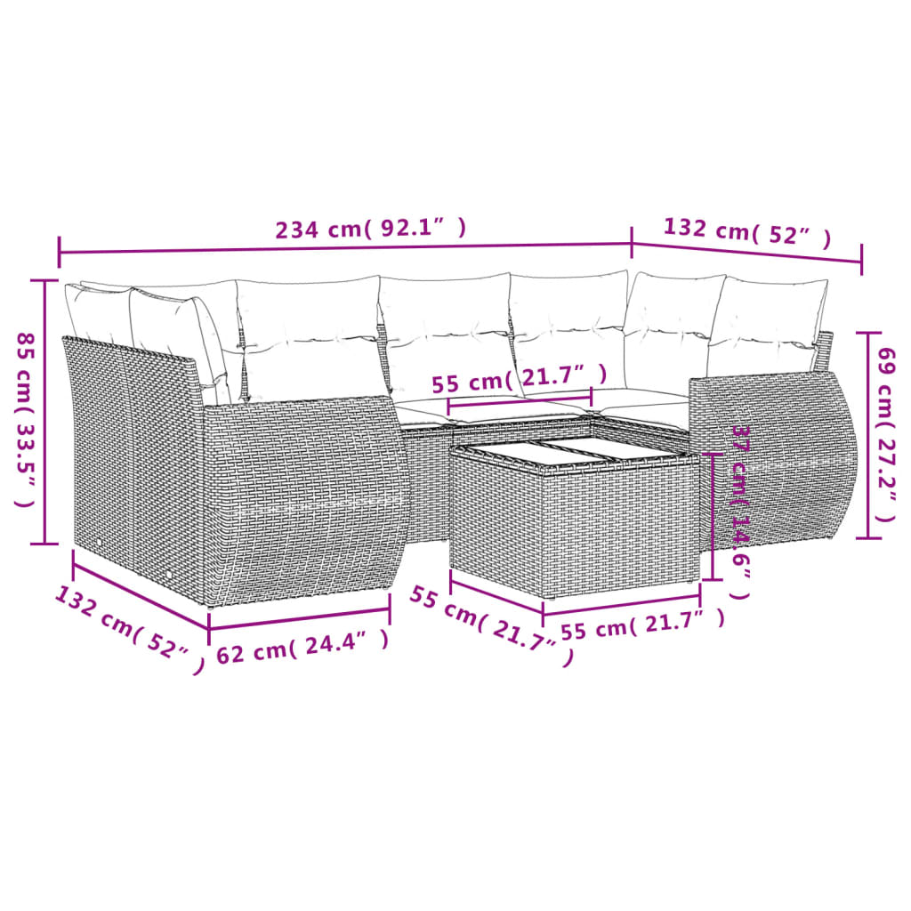 7 pcs conjunto de sofás p/ jardim c/ almofadões vime PE preto