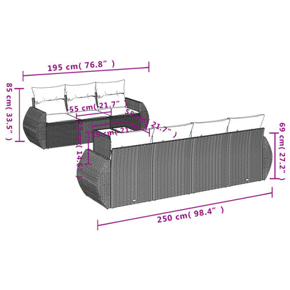 8 pcs conjunto sofás de jardim com almofadões vime PE preto