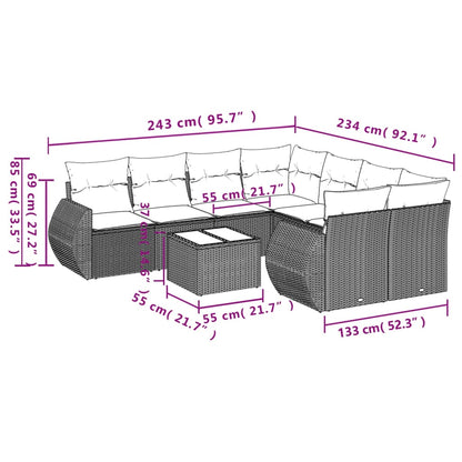 9 pcs conj. sofás jardim com almofadões vime PE cinzento-claro